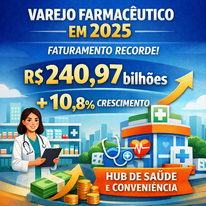 O varejo farmacêutico fechou 2025 com faturamento de R$ 240,97 bi, crescimento de quase 11%.